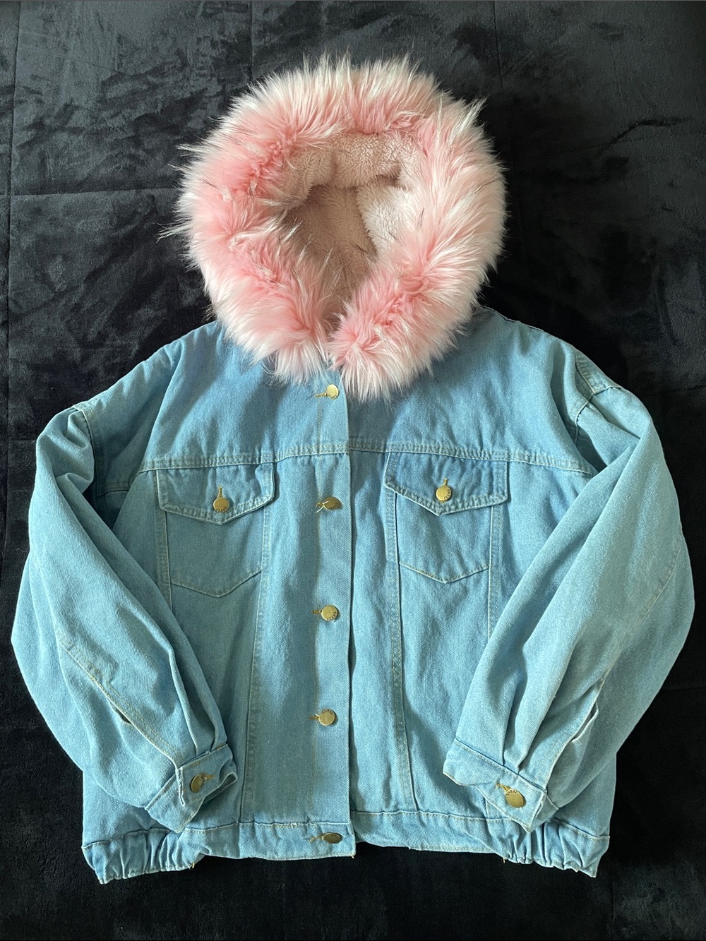 Light Blue Denim Jacket with Pink Faux Fur Hood